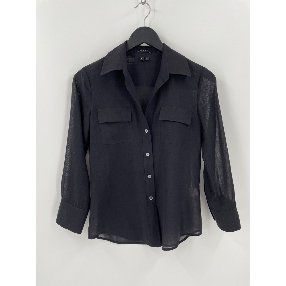 Theory Black Sheer Wool Blend Button Front Utility Blouse Petite P